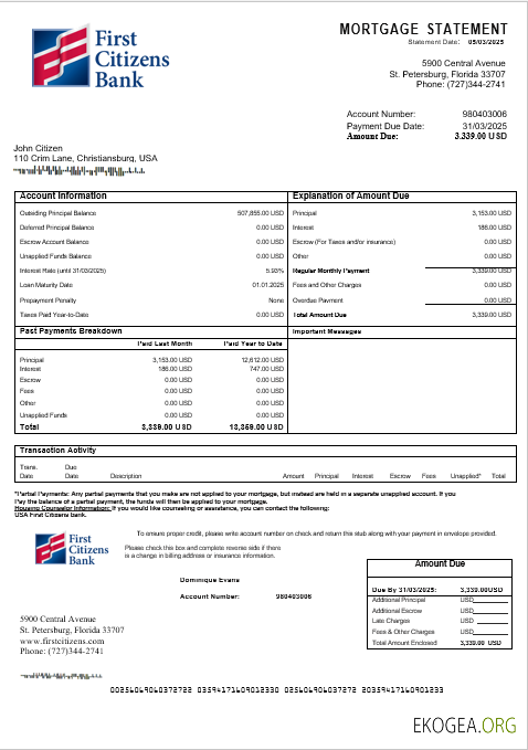 Relevé d'hypothèque bancaire des USA First Citizens aux formats Word et PDF